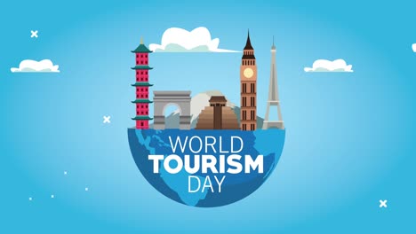 world tourism day lettering with earth planet and monuments