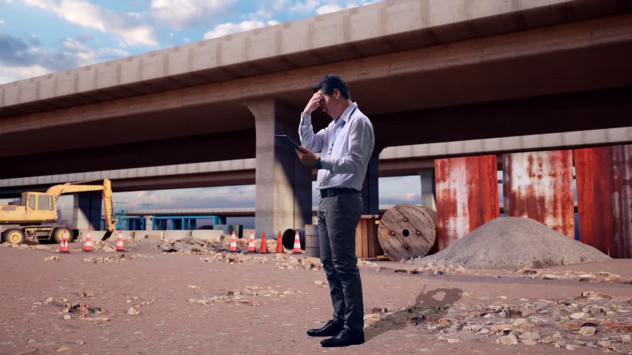 Vista lateral de corpo inteiro de um trabalhador profissional asiático de pé com seu tablet no local de construção de uma rodovia. Ele está balançando a cabeça com decepção