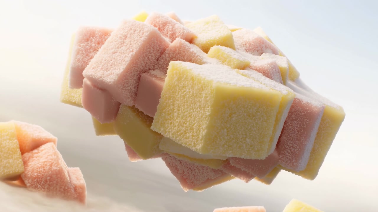 Kubus permen berlapis gula berwarna kuning pastel dan merah muda melayang di atas permukaan halus dengan pemisahan yang terlihat jelas antar potongan kecil, cahaya studio lembut, tekstur bubuk, pecah lembut, dan minimalis bersih