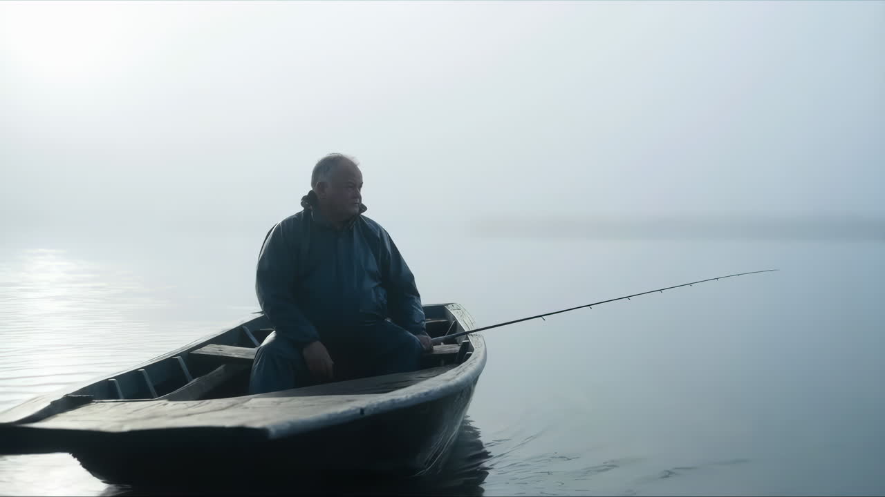 Nelayan Duduk di Perahu di Danau Berkabut yang Tenang