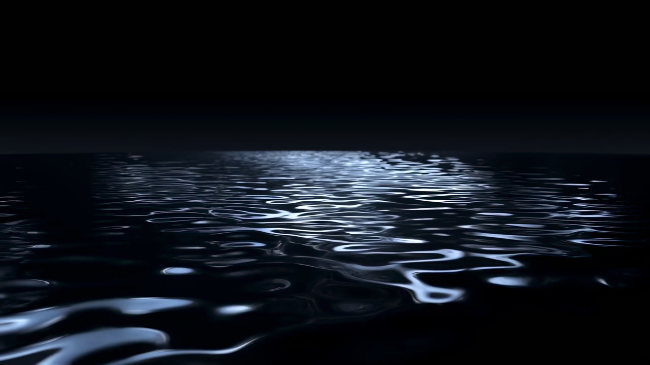 Nocturnal Water Surface With Shimmering Reflections And Cool Blue Highlights, Dark Horizon And Slow Undulating