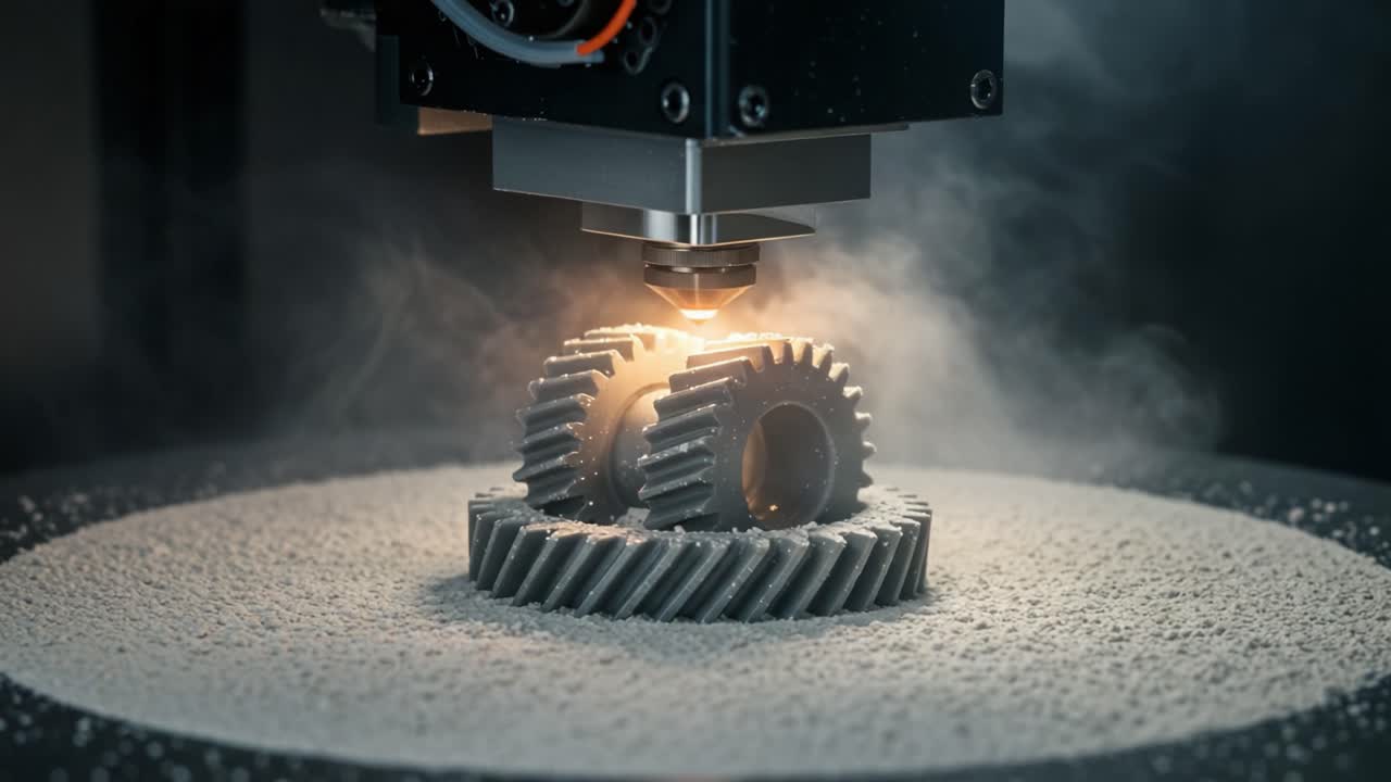 Precision Machining Process: Laser Technology at Work Creating Intricate Gear Components in Industrial Manufacturing with Detailed Smoke and Light Effects