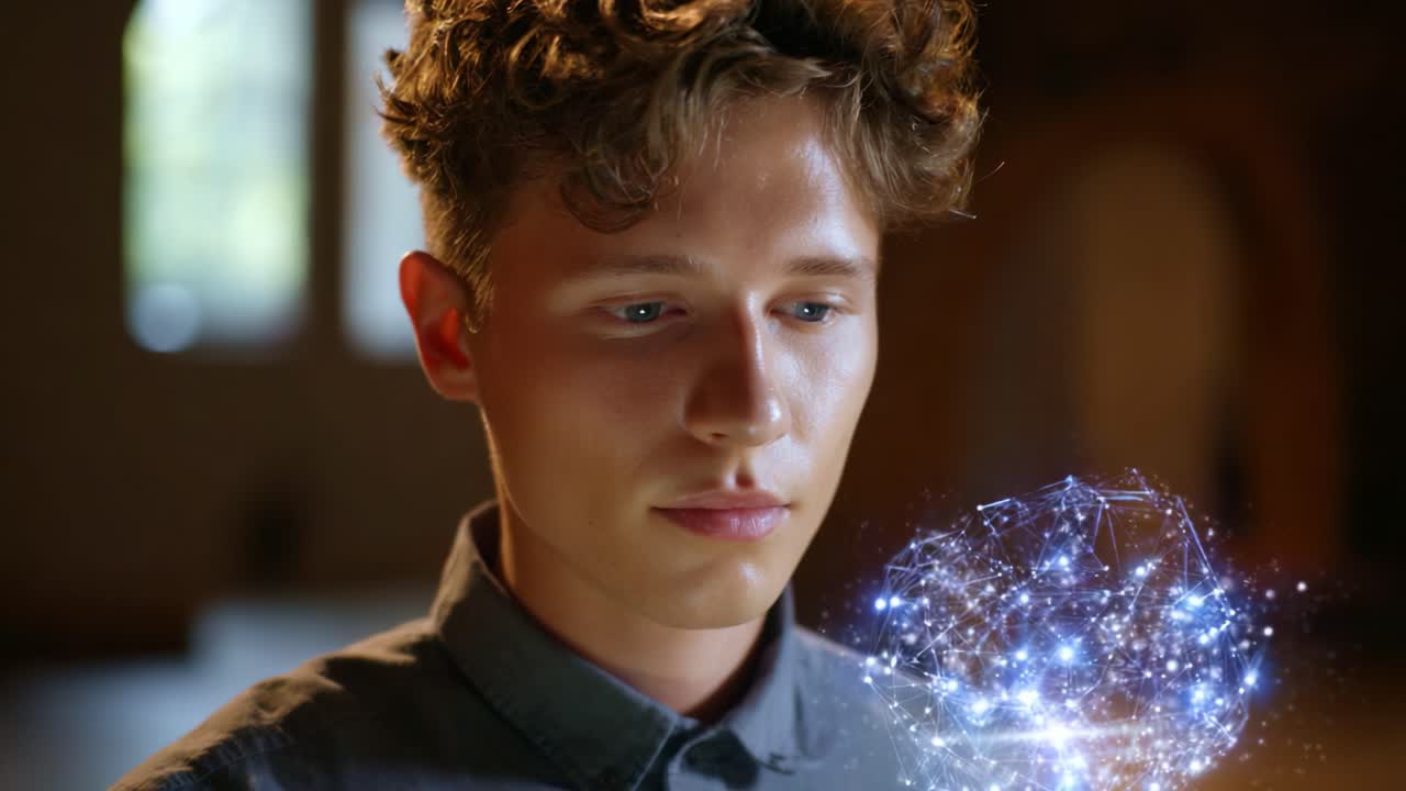 Un joven contempla un modelo holográfico de cerebro, absorto en sus pensamientos, mientras conexiones brillantes desatan la creatividad y la innovación en un momento de reflexión cautivador.