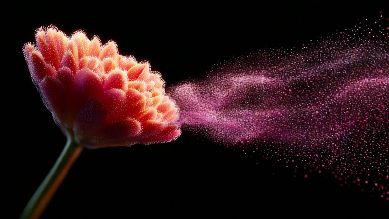 A Captivating Visualization of a Flower Releasing a Vibrant Cloud of Colorful Particles, Charmingly Representing Nature's Beauty in a Stunning and Artistic Display