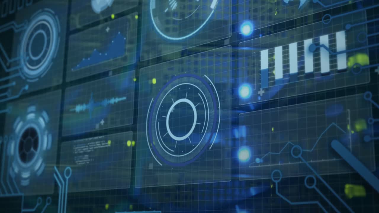 animazione dell'elaborazione dei dati su scopi di scansione con cavi di server di computer