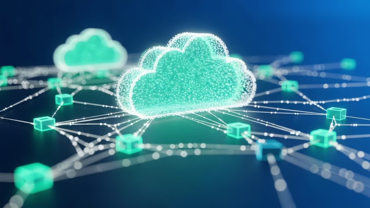 Visual Representation of Cloud Computing Architecture Connecting Data Nodes with Digital Networks and Cloud Storage Solutions
