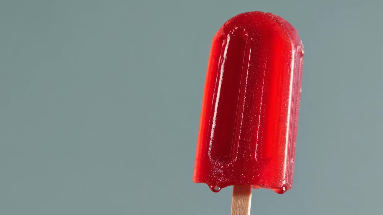 Close-up shot of a red popsicle against a gray background, capturing melting droplets