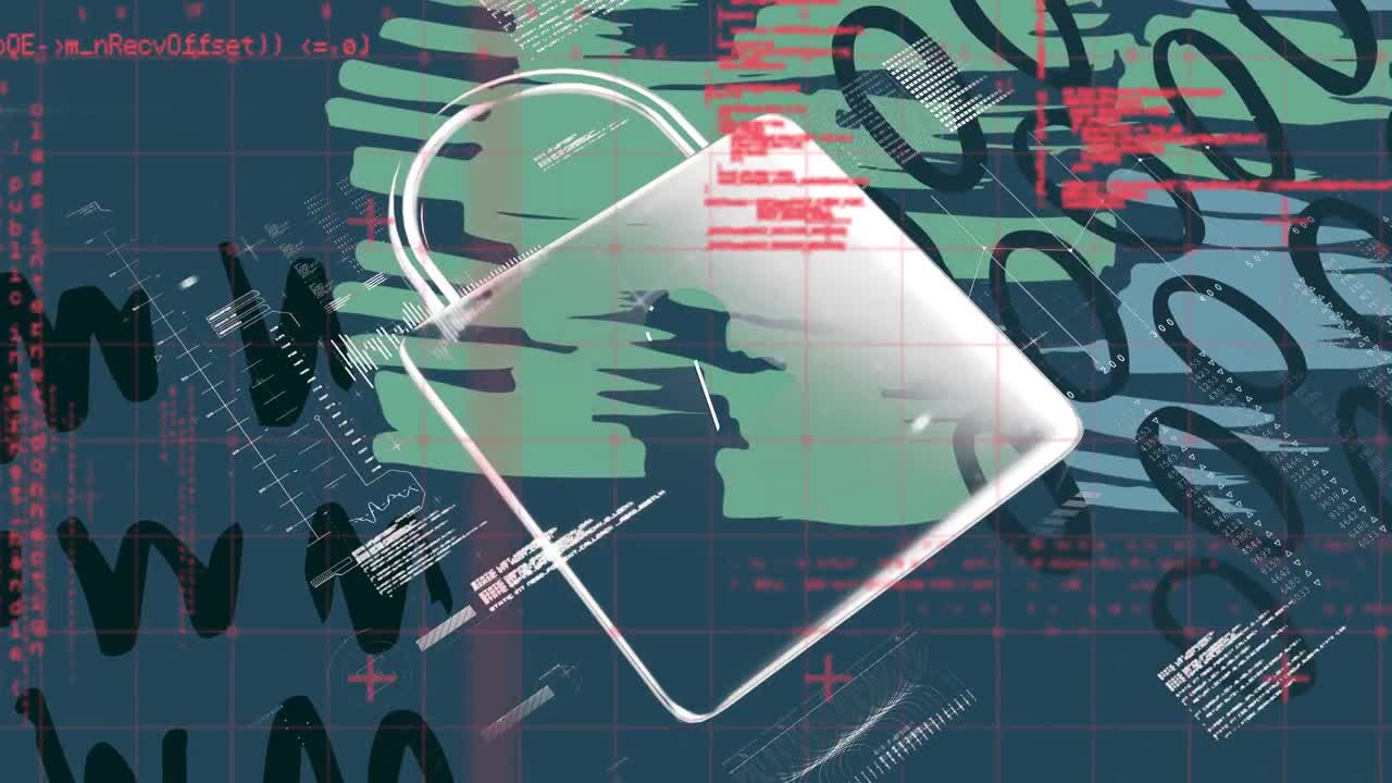procesamiento de datos sobre el icono de candado de seguridad contra formas abstractas en fondo azul