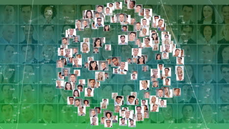 animation of globe of connections with network of photographs of business people