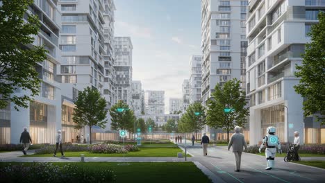 a vision of future urban living: autonomous robotics enhancing daily life amidst modern residential architecture in a vibrant green space