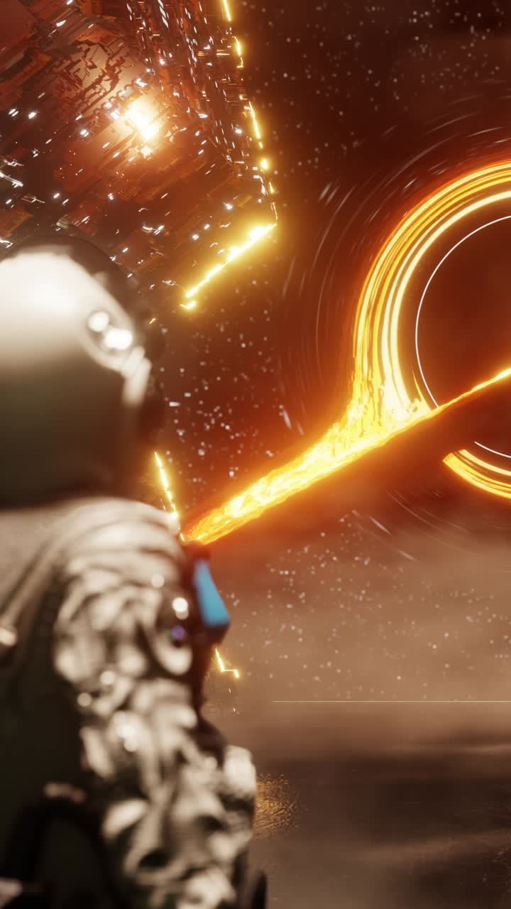Astronaut admiring black hole from spaceship. 3d animation