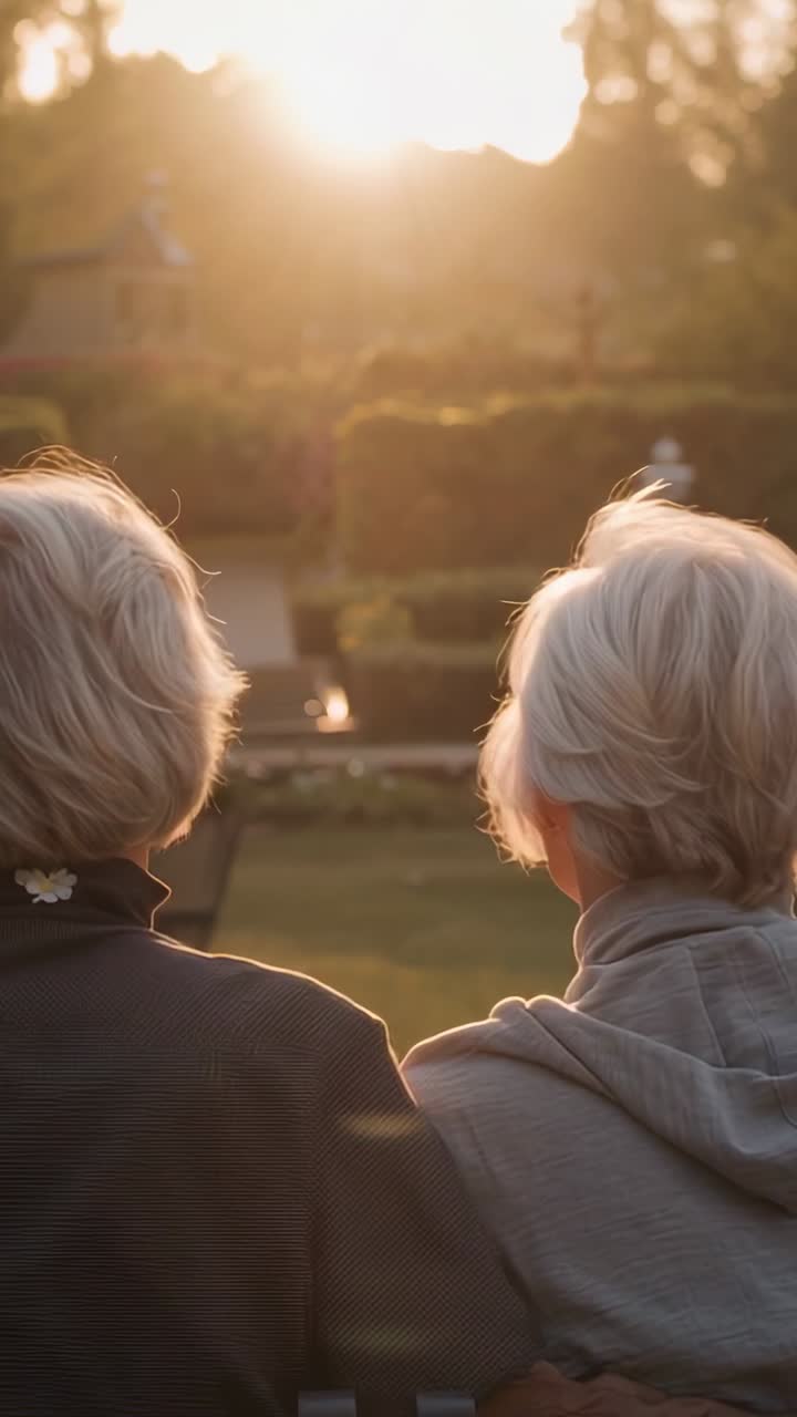 Video verticale: il sole che spinge due anziani in giacca e felpa con cappuccio ad avvicinarsi su una panchina vicino a un laghetto da giardino
