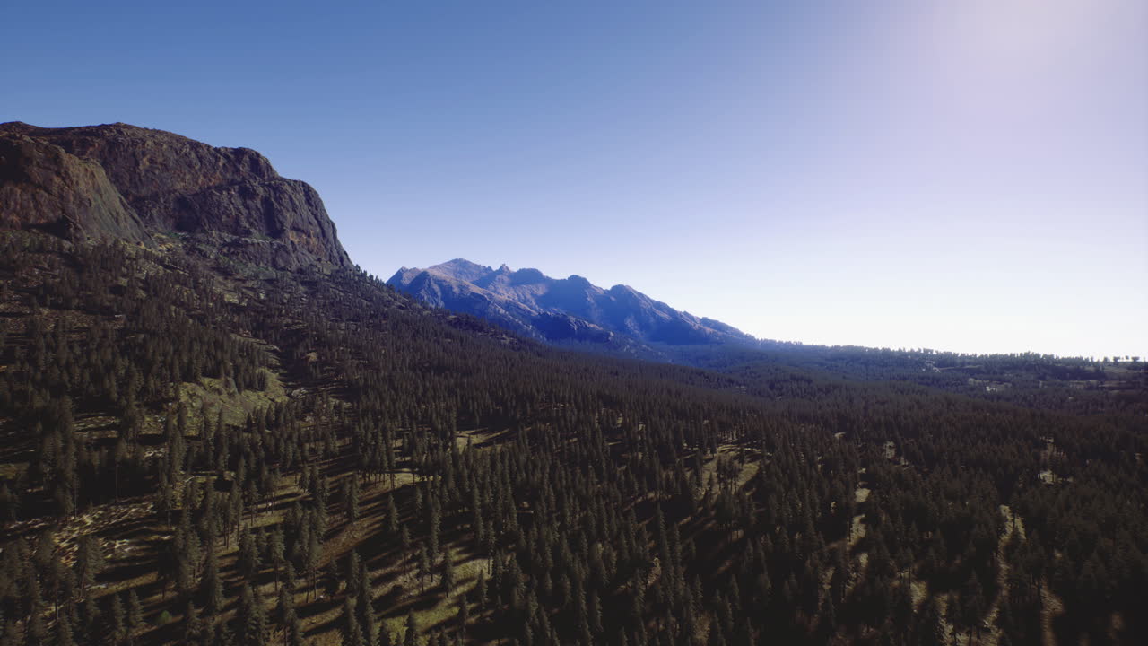 Paesaggio montano suggestivo con una vasta foresta sotto un cielo azzurro limpido