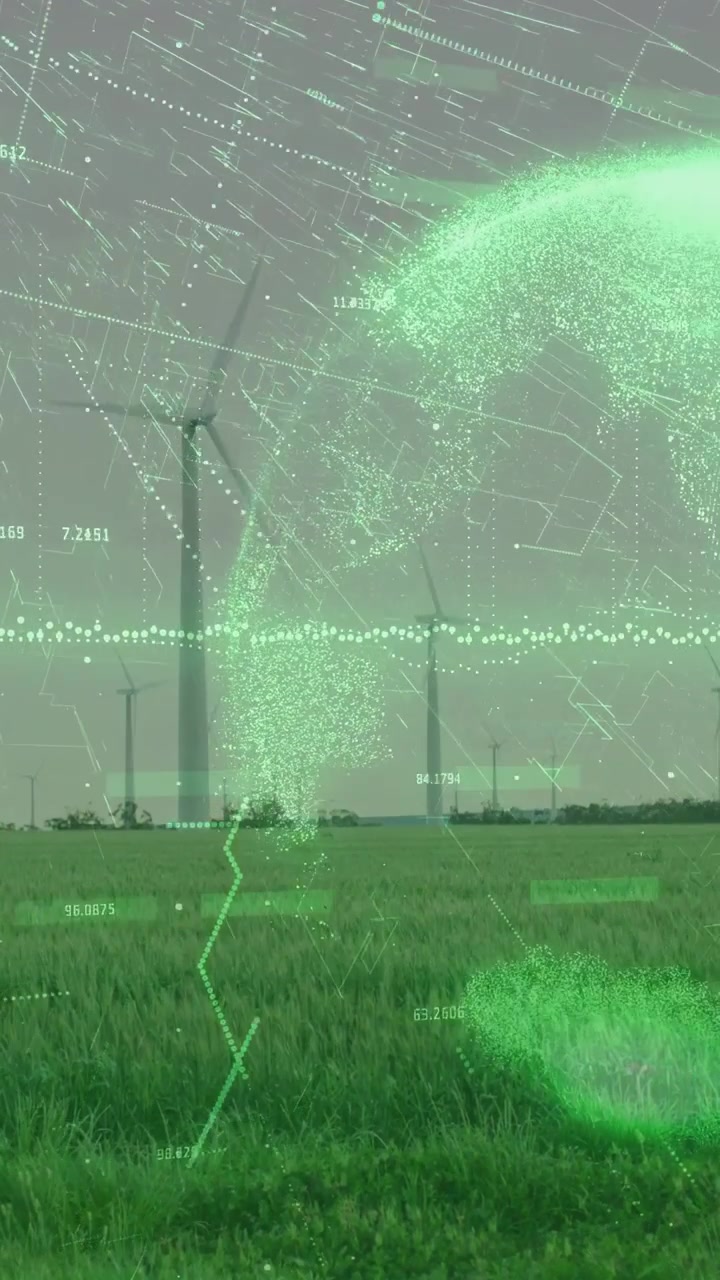 Vertical video: Sensor pinging, showing waveform and globe while turbine spinning, tracking energy