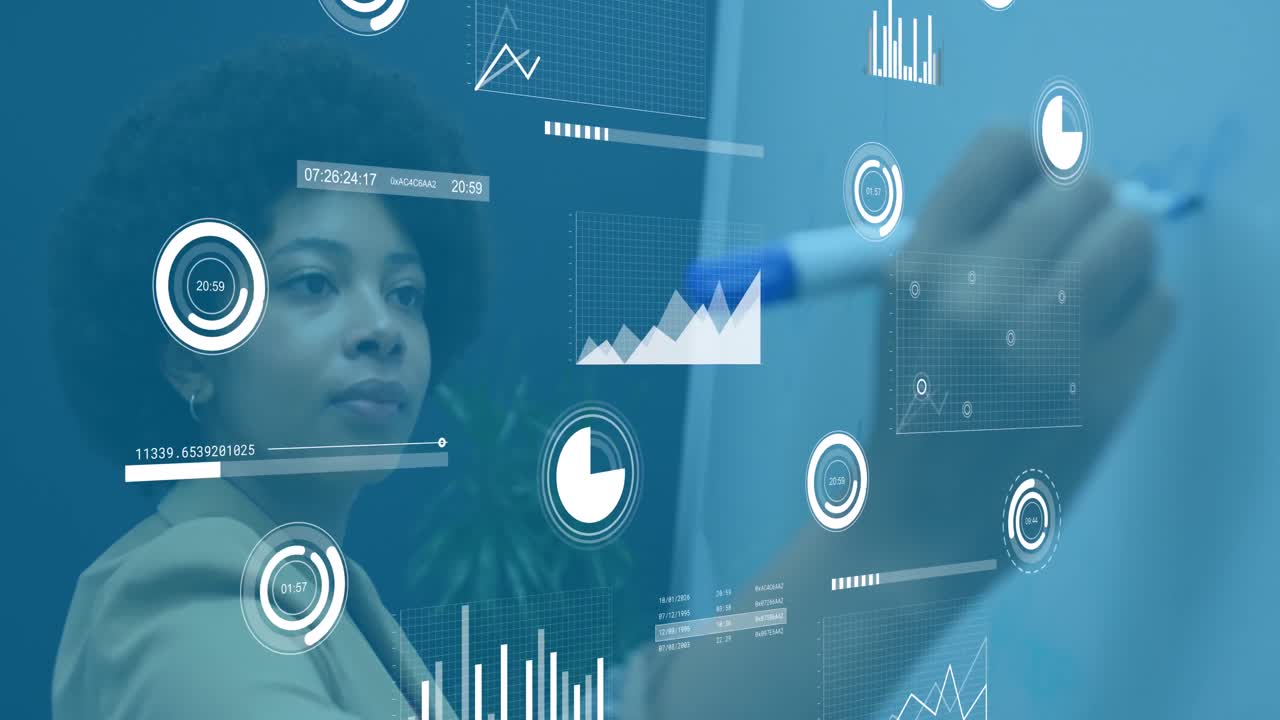 Animation of statistical data processing over african american woman writing on whiteboard at office