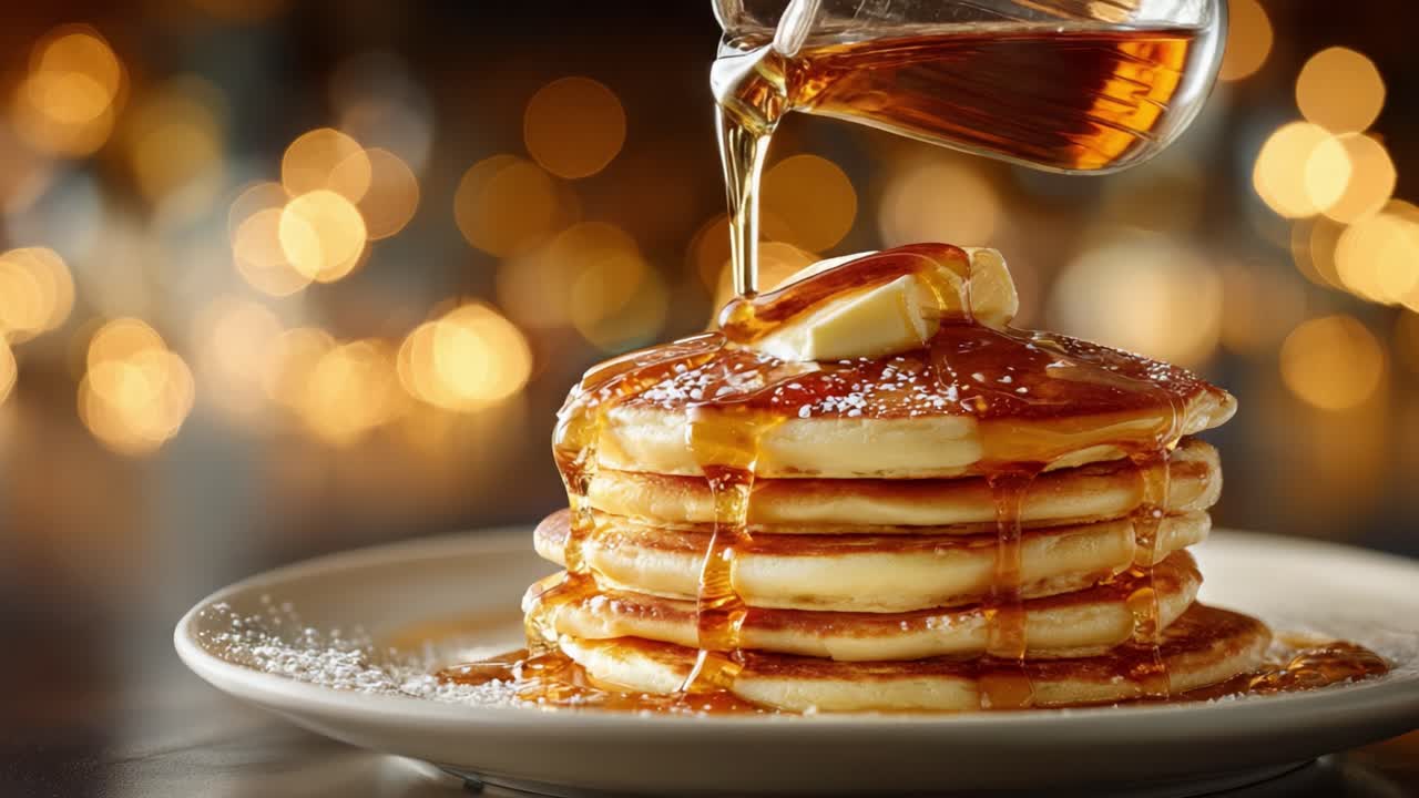 Delicious Stack of Fluffy Pancakes Topped with Butter and Drizzled with Golden Syrup, Perfectly Captured with a Beautiful Bokeh Background for an Inviting Atmosphere