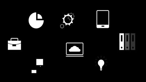 animación de iconos digitales flotantes sobre un fondo negro