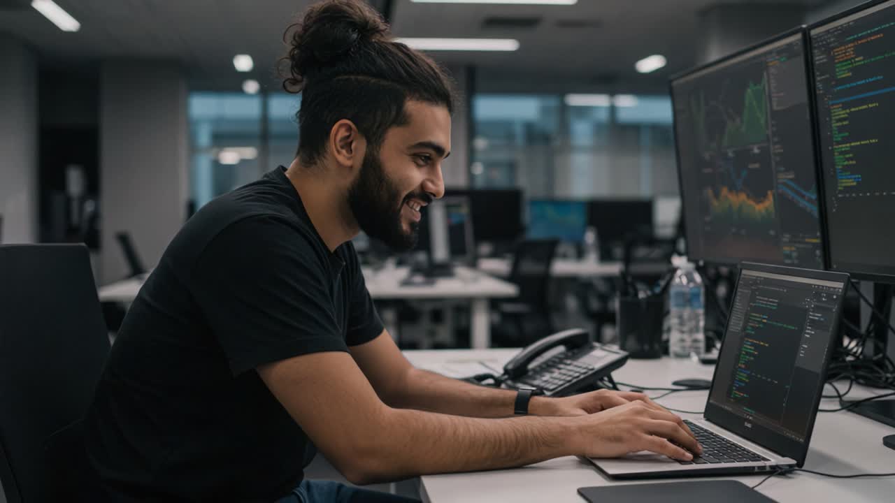 Focused Programmer Analyzing Complex Data Sets on Multiple Monitors in a Modern Office Environment, Showcasing Skills in Software Development and Coding