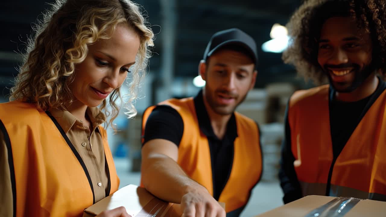Team Members in Safety Vests Collaborate Efficiently While Packing and Handling Packages in a Warehouse Environment Dedicated to Logistics and Delivery Services