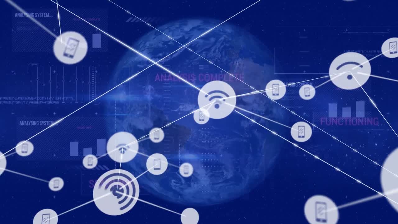 회전하는 지구 위의 디지털 아이콘 네트워크의 애니메이션과 데이터 처리 인터페이스