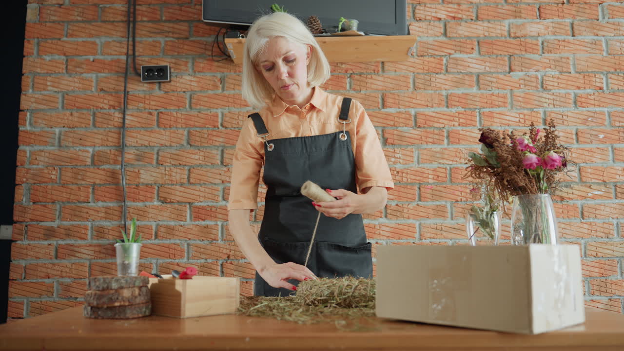 Middle aged woman florist in apron creating straw wreath on wooden table with dried flowers, tools, and cardboard box, focusing on handmade craft,seasonal creativity, and artisan floral design process
