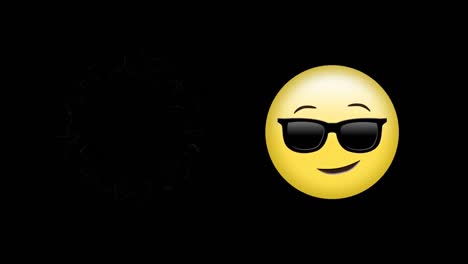 Digitale-Animation-Eines-Gesichts-Mit-Sonnenbrille-Emoji,-Das-Vor-Schwarzem-Hintergrund-Schwebt