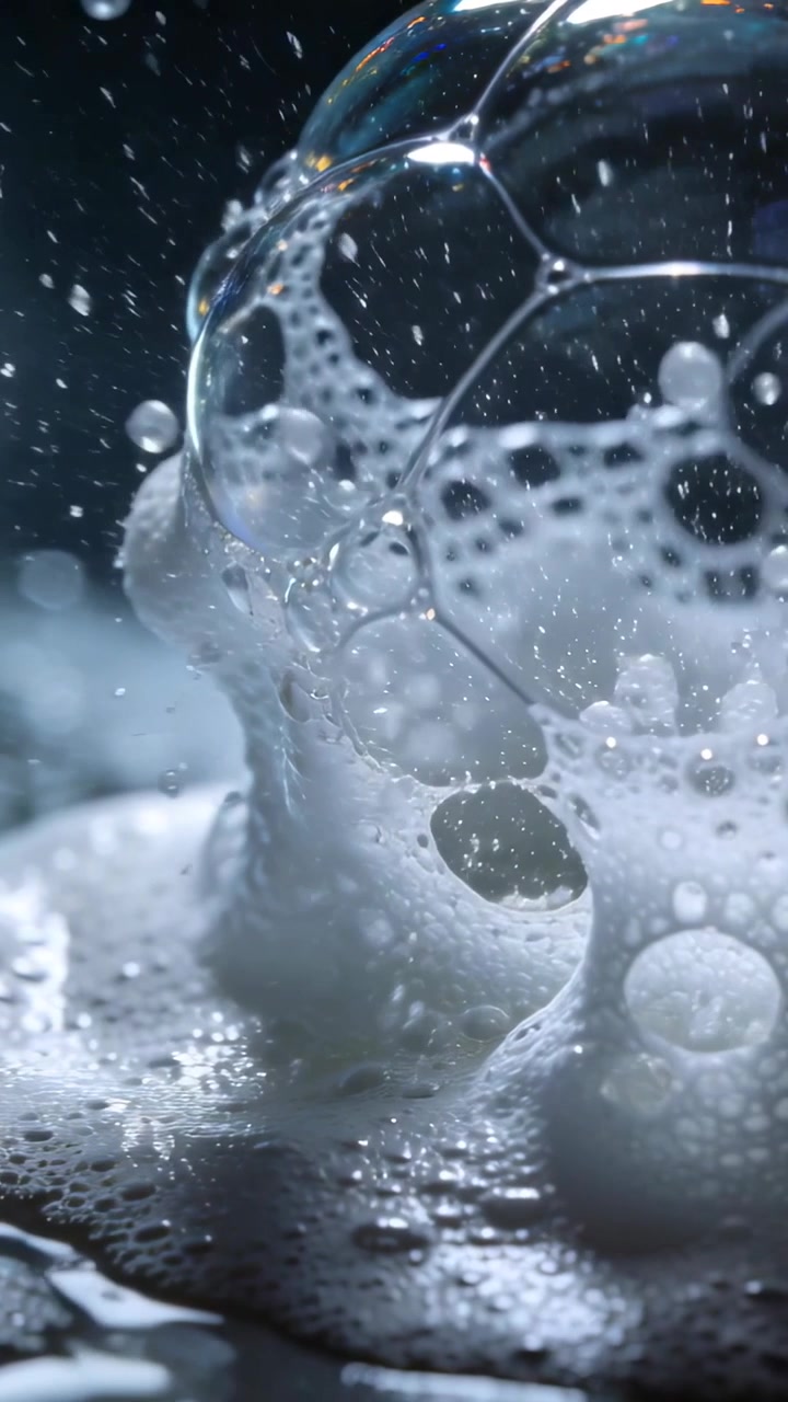 Video verticale: Gocce che cadono e colpiscono un mucchio di schiuma di sapone, causando la rottura di pellicole su una superficie lucida, macro.