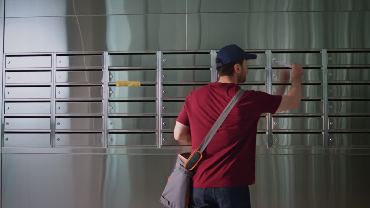Postman putting letters mailbox in apartment building. Guy working checking post