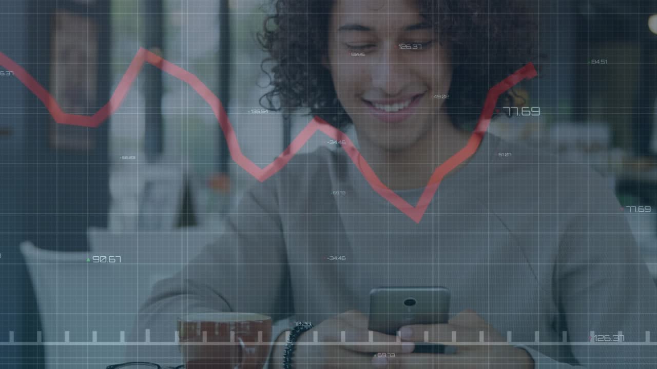 Animation of financial data processing over men using smartphone