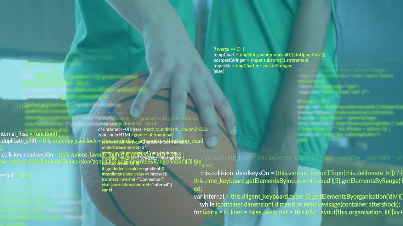 Camera panning female player gripping basketball for sports training, code scrolling over players