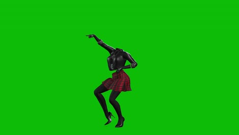 3D-invincible-woman-wearing-leather-jacket,-short-skirt-and-high-heels,-dancing-on-green-screen,-3D-animation