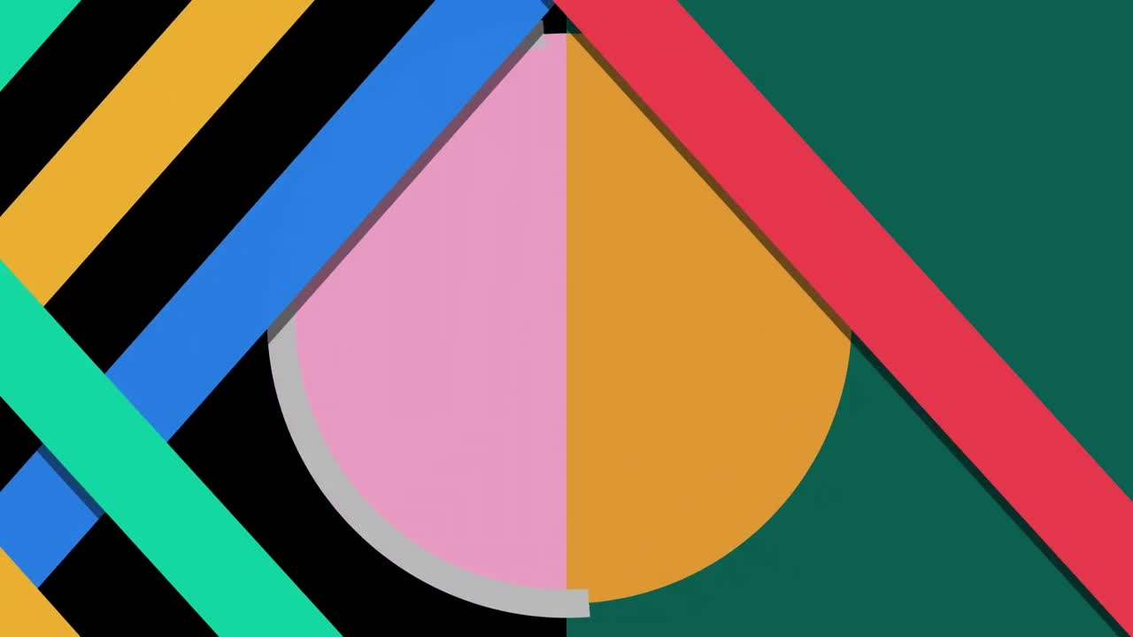 animación de múltiples formas en movimiento de colores sobre fondo negro y verde