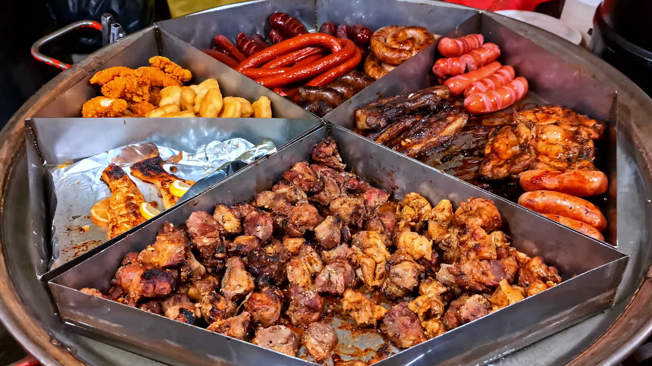 A large partitioned food stall container full of various delicious grilled meats, sausages, ribs, and fried snacks for sale at a traditional outdoor midsummer festival in Jelgava