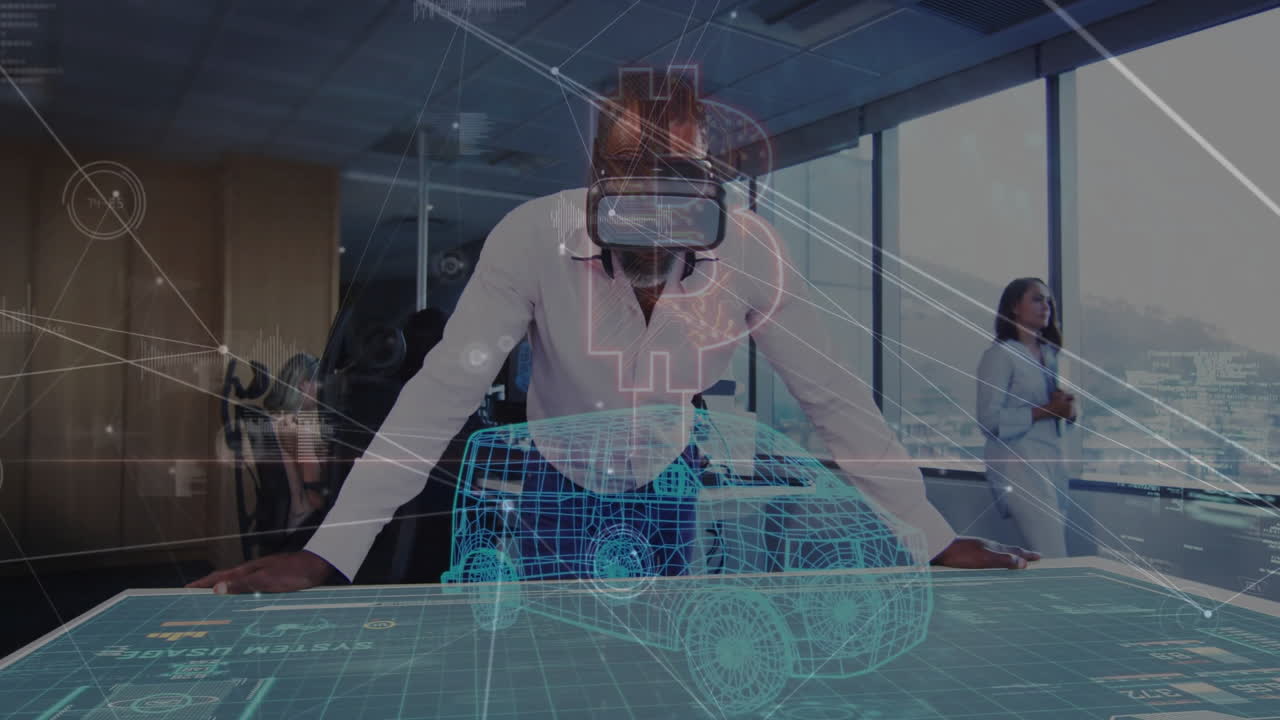 In office, man using virtual reality headset with animation of digital car design