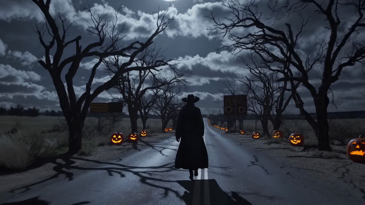 Mysterious figure in dark cloak walks down a deserted road lined with glowing jack-o'-lanterns and twisted trees, creating an eerie Halloween atmosphere in a haunting scene