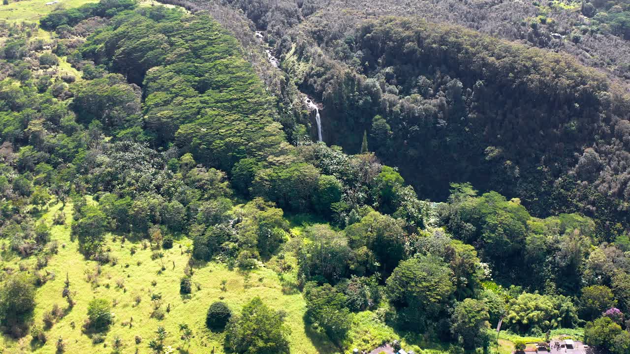 Wide aerial perspective of Akaka Falls in Hawaii, where a tall waterfall flows from a cliff into a deep rainforest gorge, surrounded by vibrant green vegetation