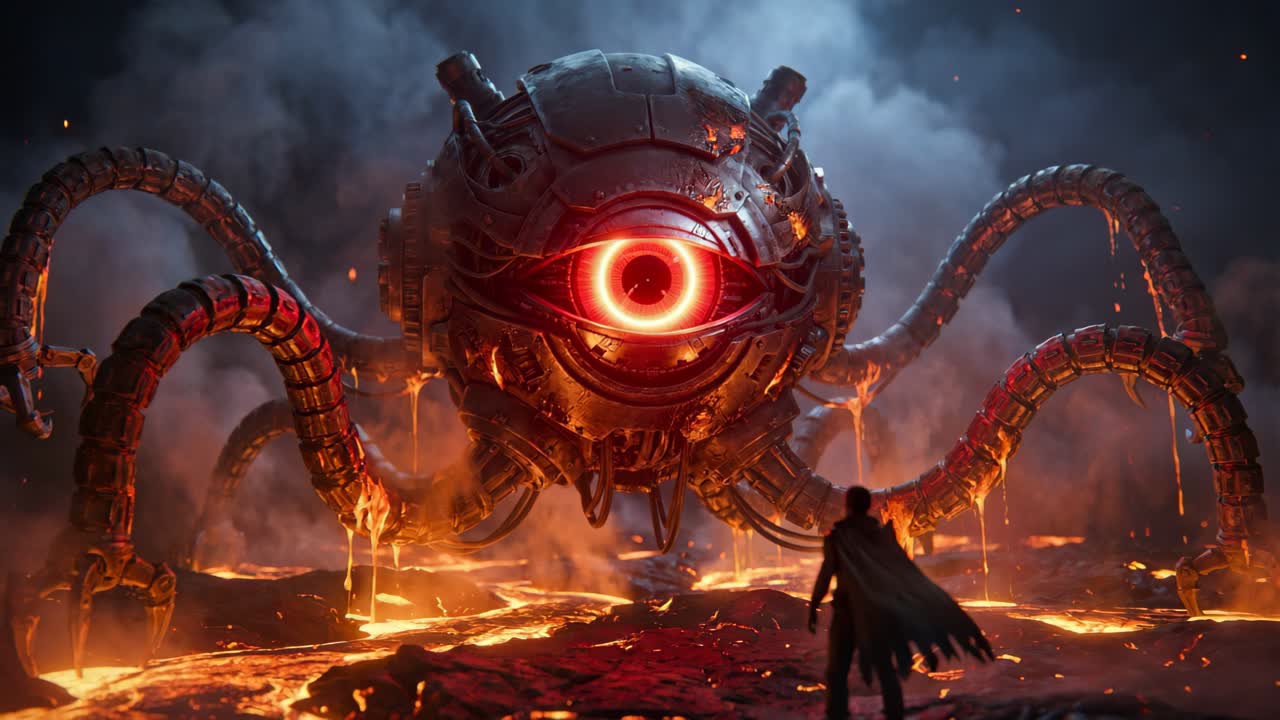 Odvážný válečník čelí obrovskému steampunkovému oku v prostředí roztaveného bojiště