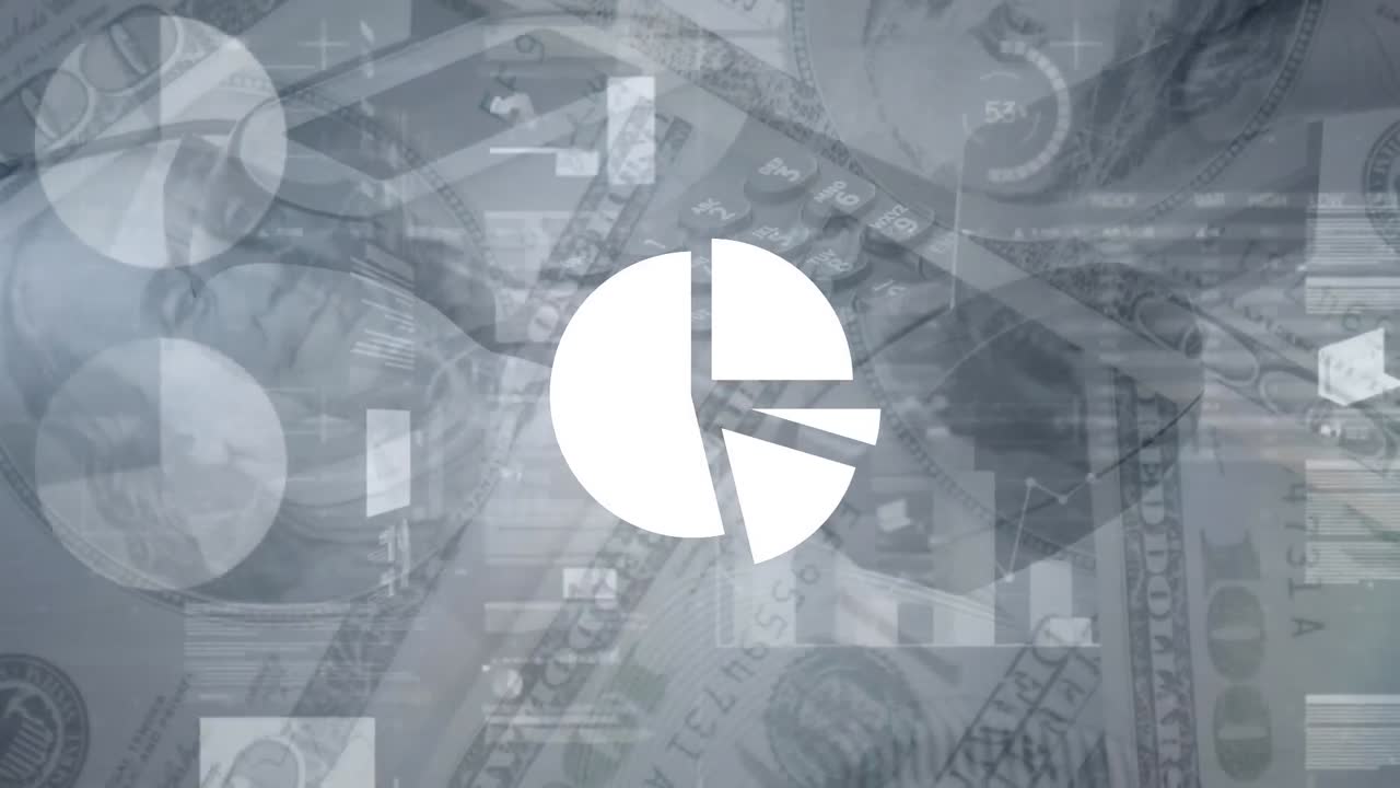 Animation of multiple graphs, numbers, data over dollar bills against calculator on table