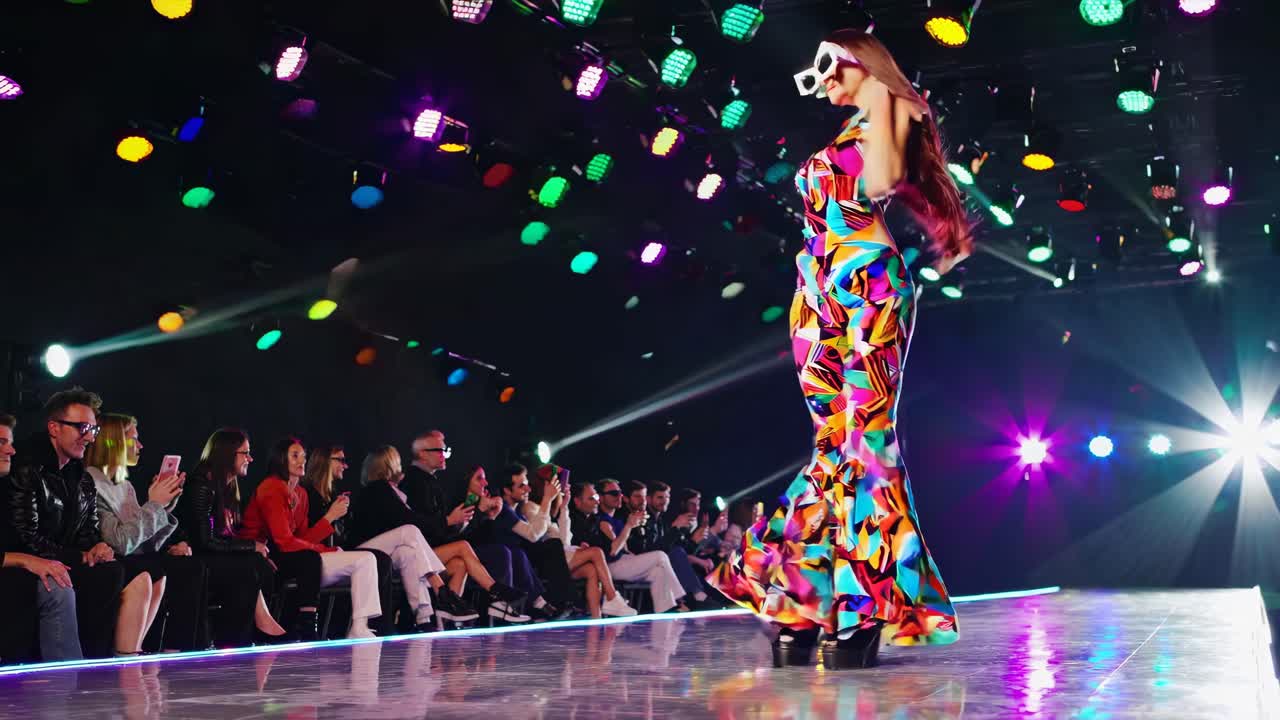 다채로운 슈트 를 입은 패션 쇼 모델