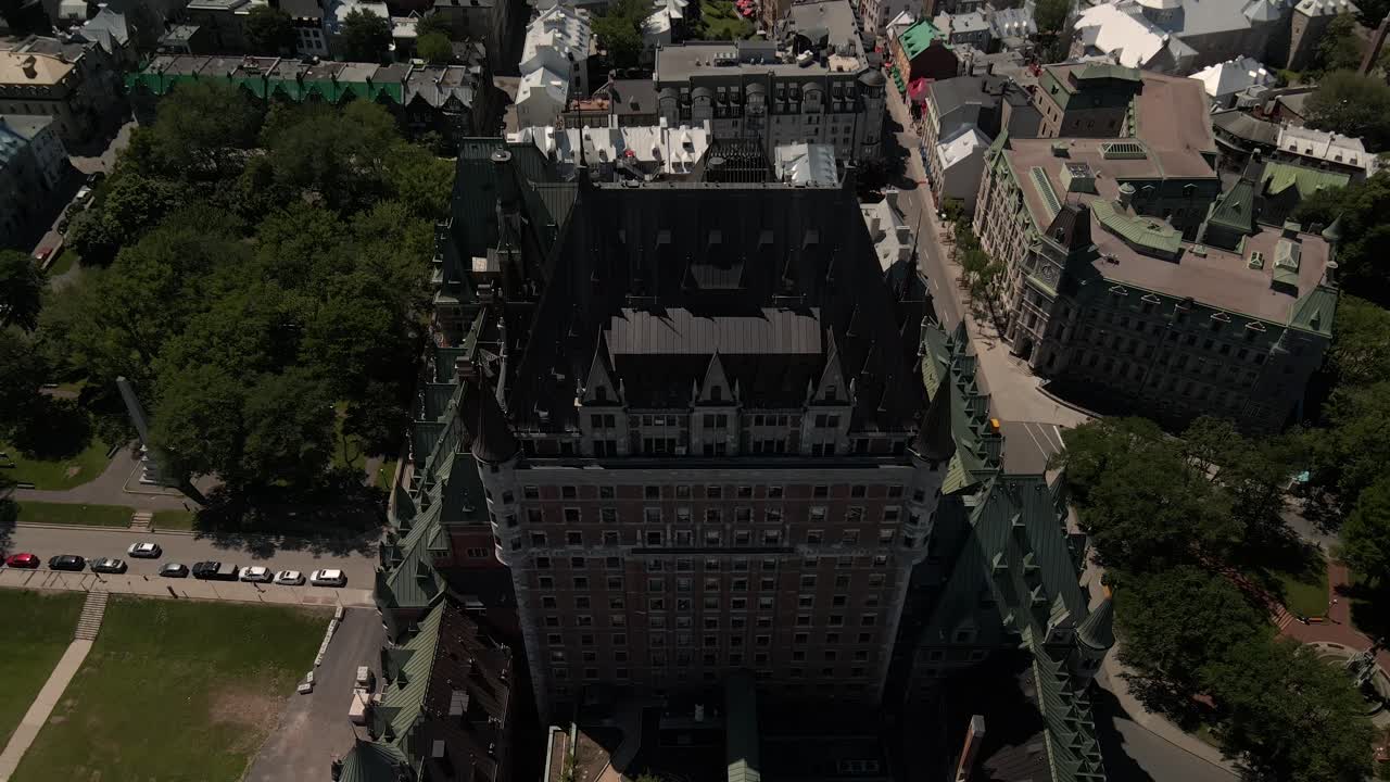 Aerial overlook shot revealing Hotel Chateau Frontenac freshly restored