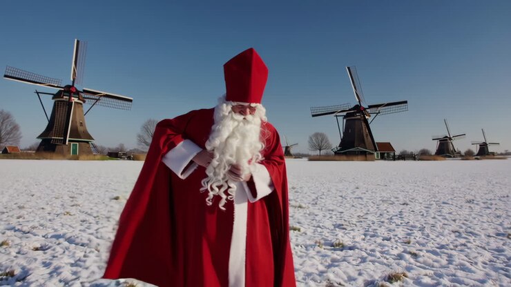 Dutch Sinterklaas in a Winter Landscape with Windmills