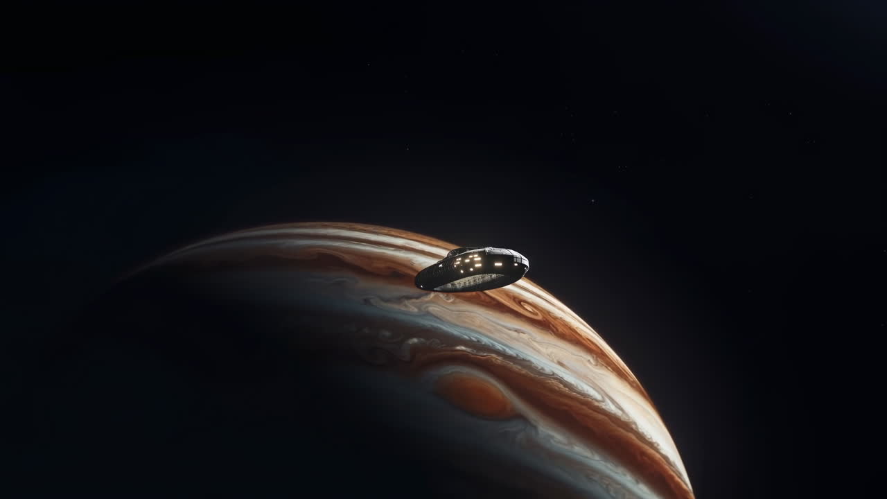 Spaceship Orbiting Gas Giant Planet, Sleek Illuminated Vessel Hovering Above Banded Cloudscape, Distant Stars