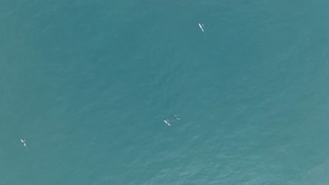 High-altitude-top-down-drone-shot-of-unrecognizeable-traditional-fishermen-in-traditional-boats-in-turquoise-tropical-water-in-Bali-Indonesia