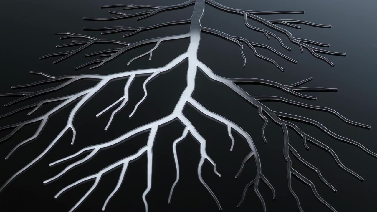 Tronco clareando, enviando um brilho branco ao longo dos galhos levantados em um plano preto fosco, revelando uma rede.
