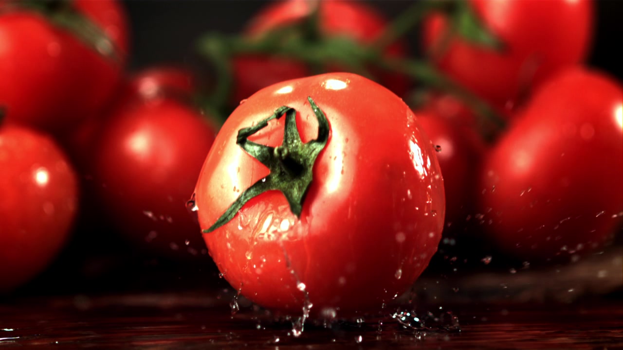 Pomodoro rosso fresco che cade al rallentatore con uno schizzo d'acqua