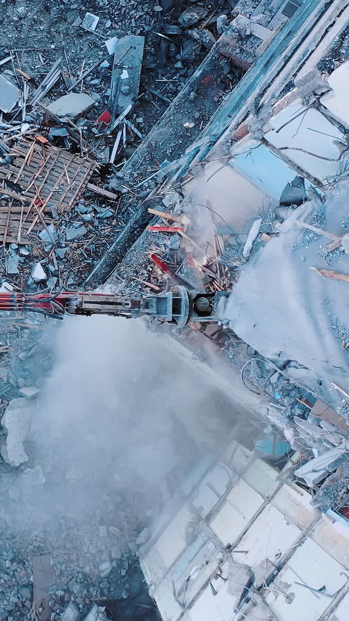 Natural disaster demolition building. Earthquake house destroyed aerial view.