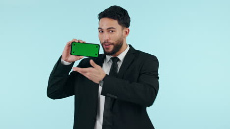 Business-man,-phone-green-screen-and-presentation