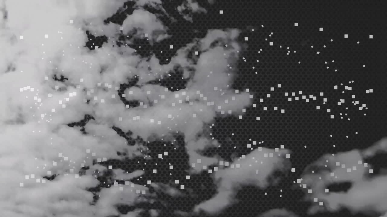 Animation of clouds and white dots moving on black background