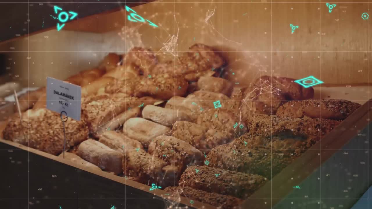 베이커리에 놓인  ⁇  위의 그리드에 데이터 처리를 하는 qr 코드의 애니메이션