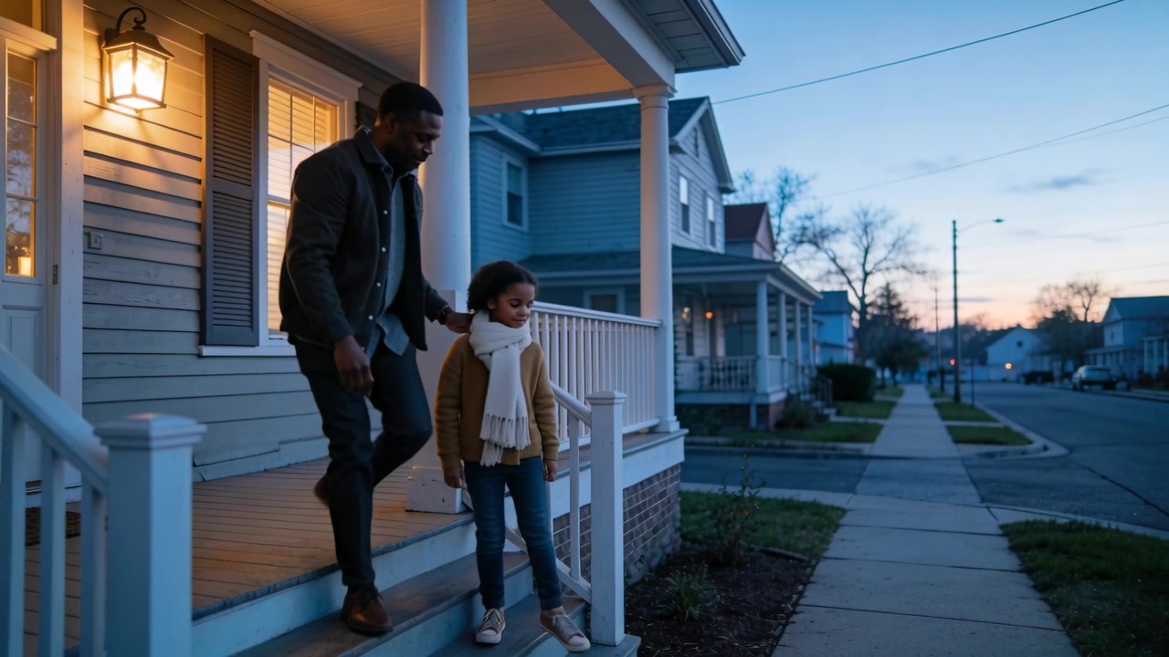 Adjusting child's scarf, father guiding child down front porch steps to leave at dusk, coats boots